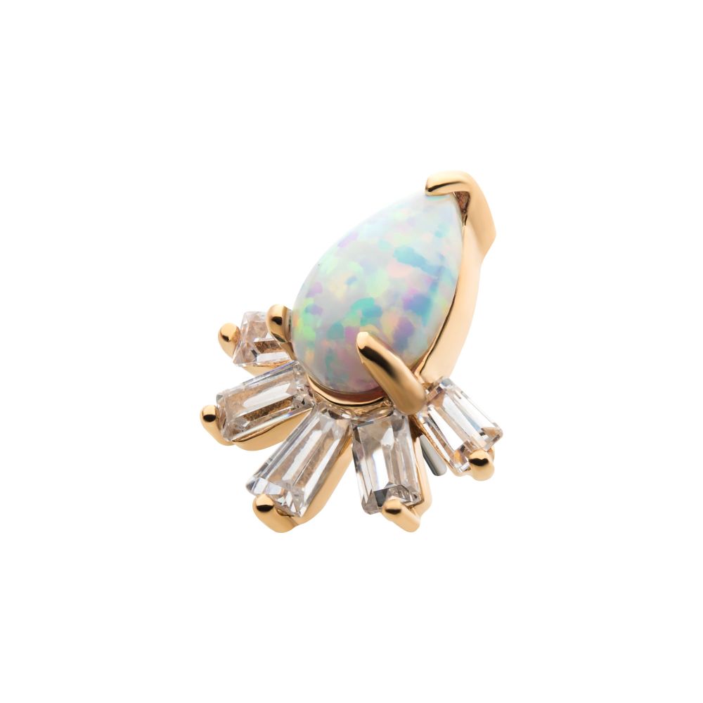 14Kt Yellow Gold Threadless with Prong Set Teardrop White Synthetic Opal & Tapered Baguette Clear CZ Cluster Top
