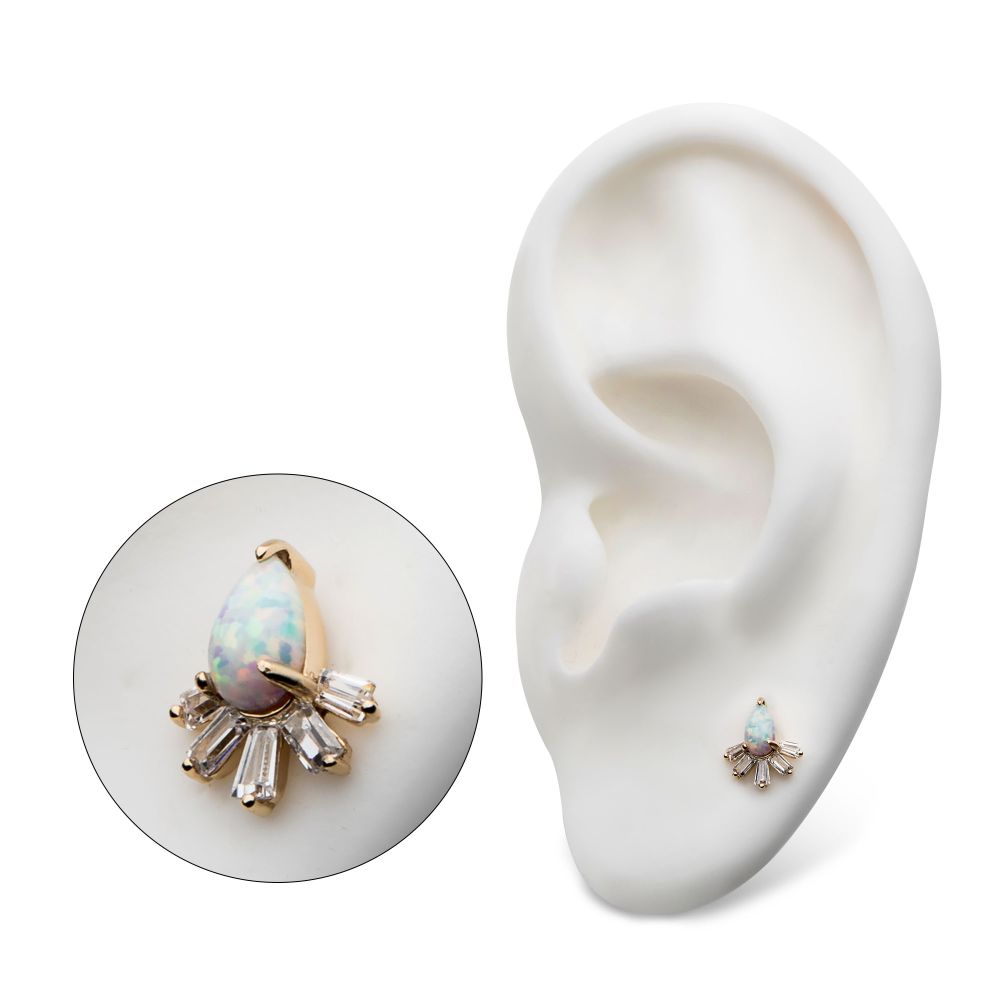 14Kt Yellow Gold Threadless with Prong Set Teardrop White Synthetic Opal & Tapered Baguette Clear CZ Cluster Top