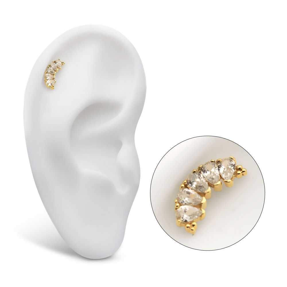 14Kt Yellow Gold Threadless with Tri Beads & Teardrop CZ 5-Cluster Top