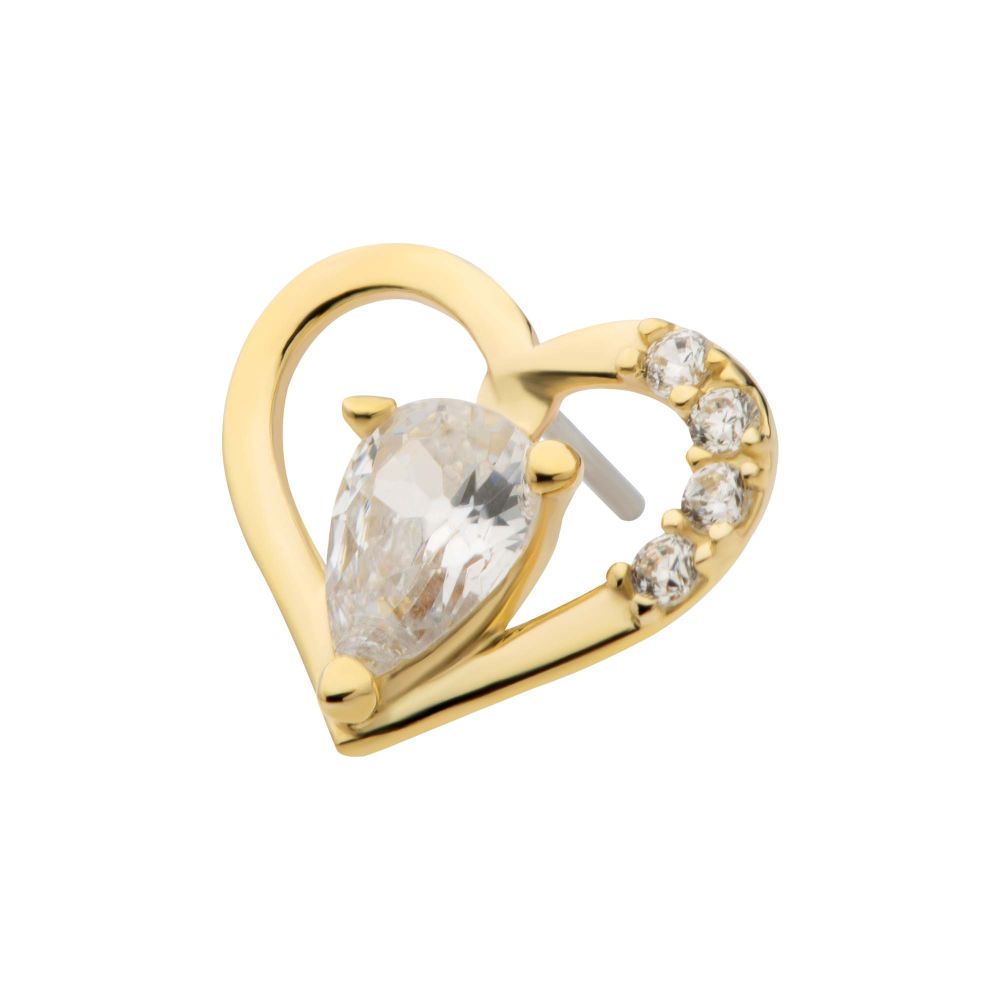 14Kt Yellow Gold Threadless Cut Out Heart Top with Teardrop & Round CZ