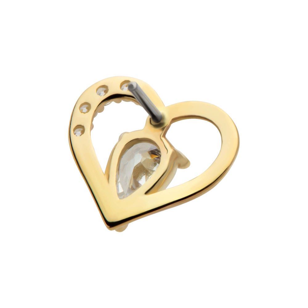 14Kt Yellow Gold Threadless Cut Out Heart Top with Teardrop & Round CZ