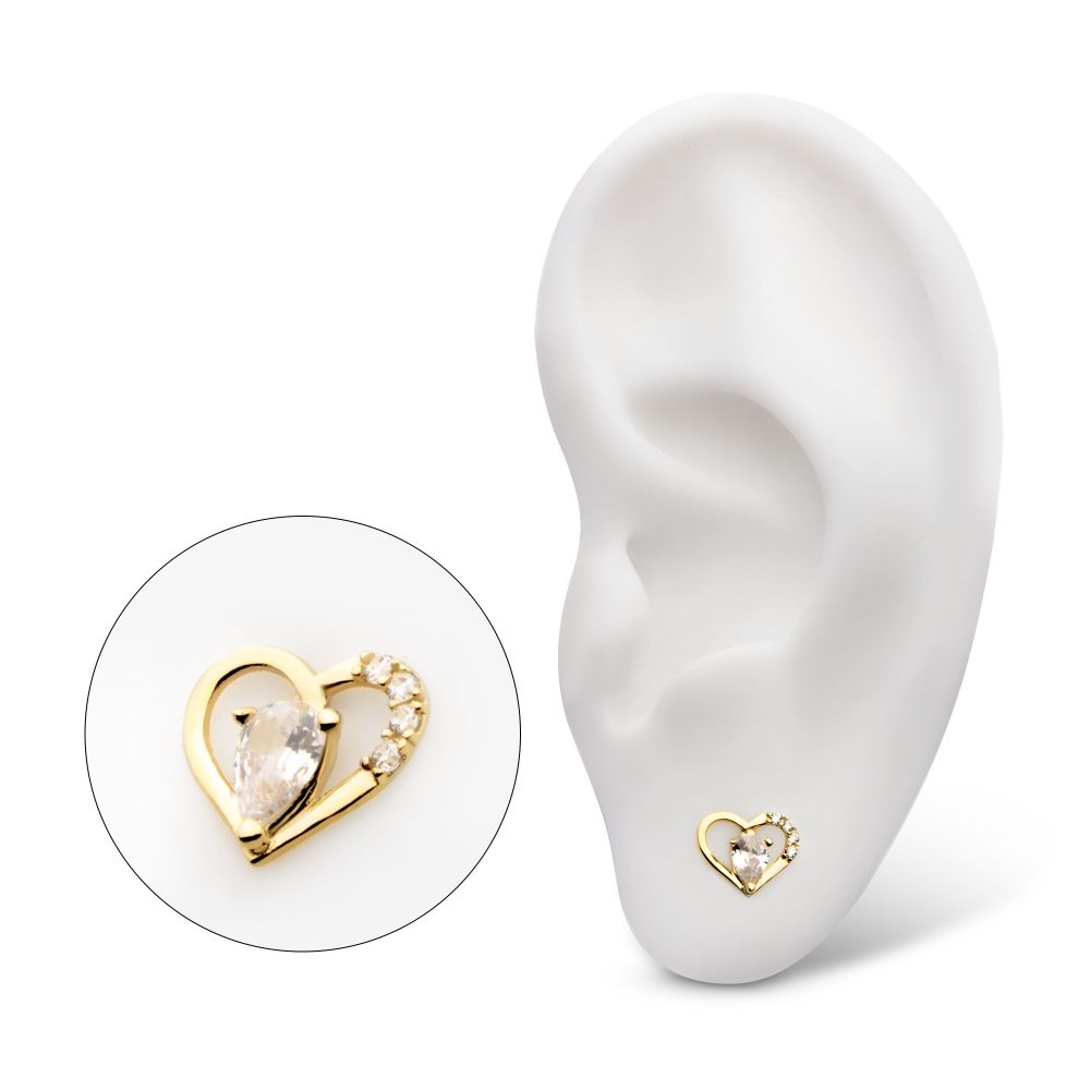 14Kt Yellow Gold Threadless Cut Out Heart Top with Teardrop & Round CZ