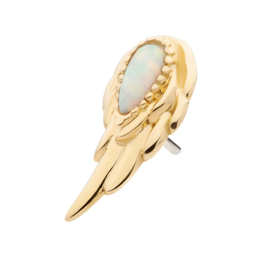 14Kt Yellow Gold Threadless Prong Set Teardrop White Opal Wing Top (Left Ear)
