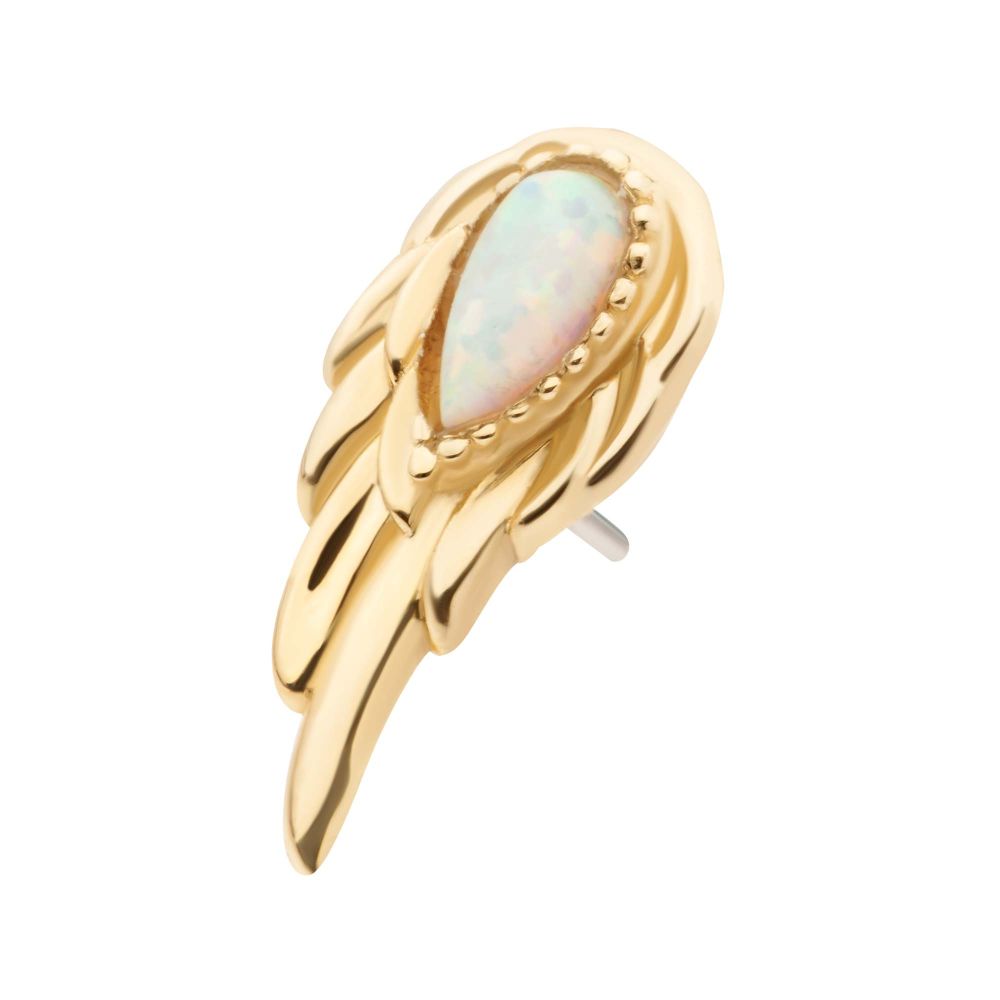 14Kt Yellow Gold Threadless Prong Set Teardrop White Opal Wing Top (Right Ear)