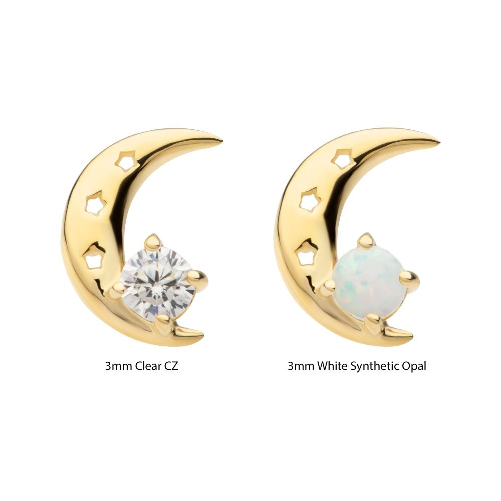 14Kt Yellow Gold Threadless Crescent Moon Top with Prong Set CZ/Opal