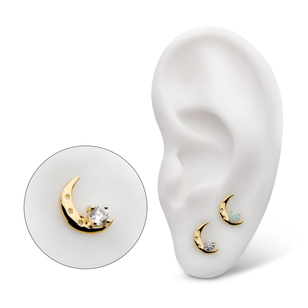 14Kt Yellow Gold Threadless Crescent Moon Top with Prong Set CZ/Opal