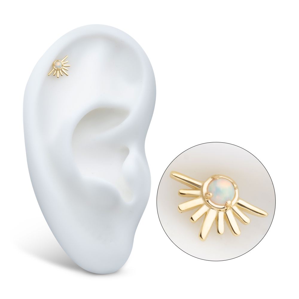 14Kt Gold Threadless Prong Set White Opal Half Starburst Top