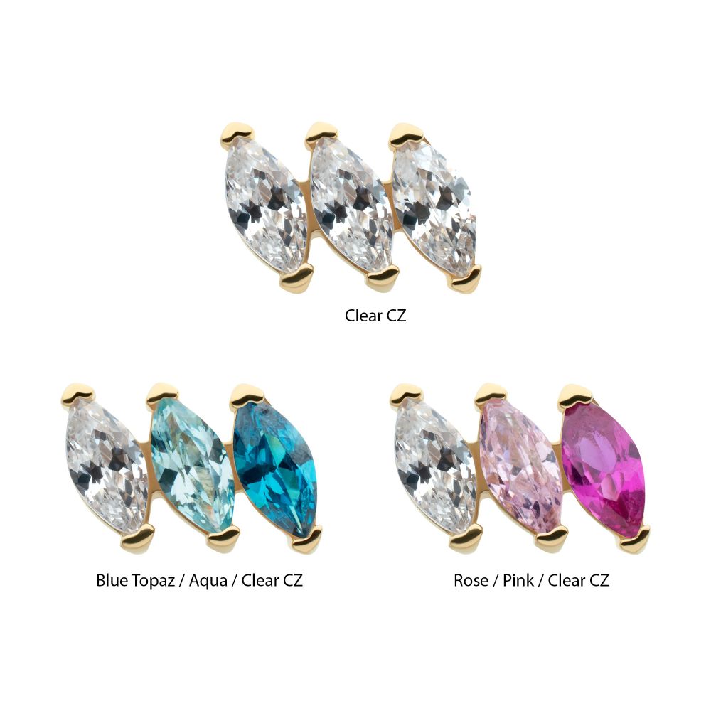 14Kt Yellow Gold Threadless Pronged Marquise CZ 3-Cluster Top