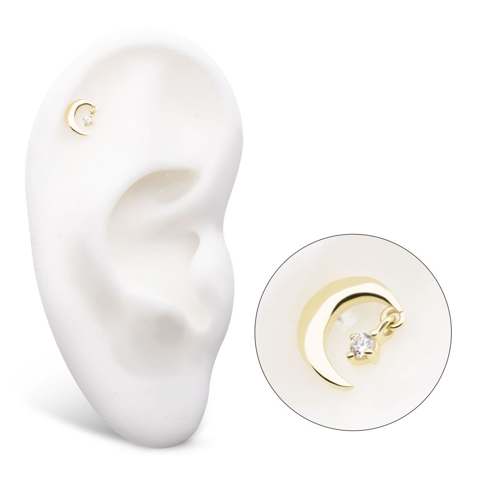 14Kt Gold Threadless Crescent Moon Top with Prong Set Gem Dangle