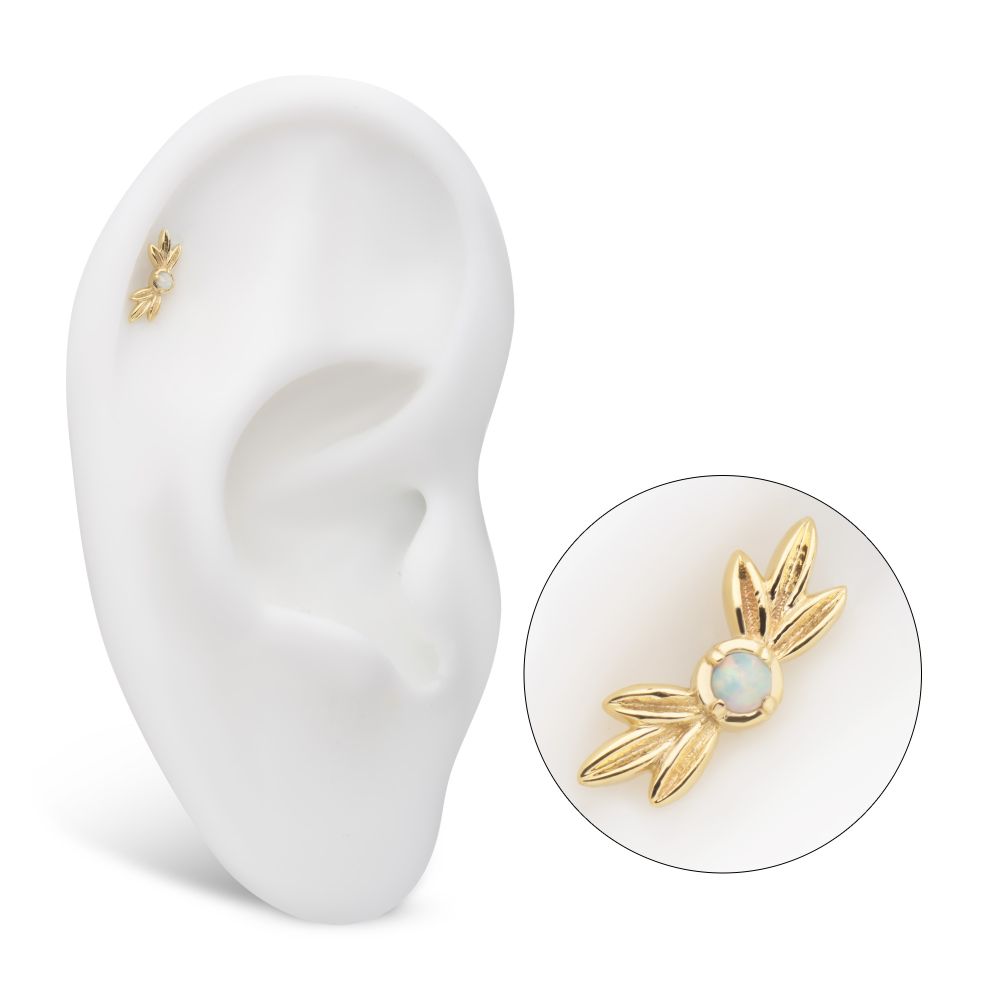 14Kt Yellow Gold Threadless Triple Leaf Edge with Prong Set Round White Opal Top