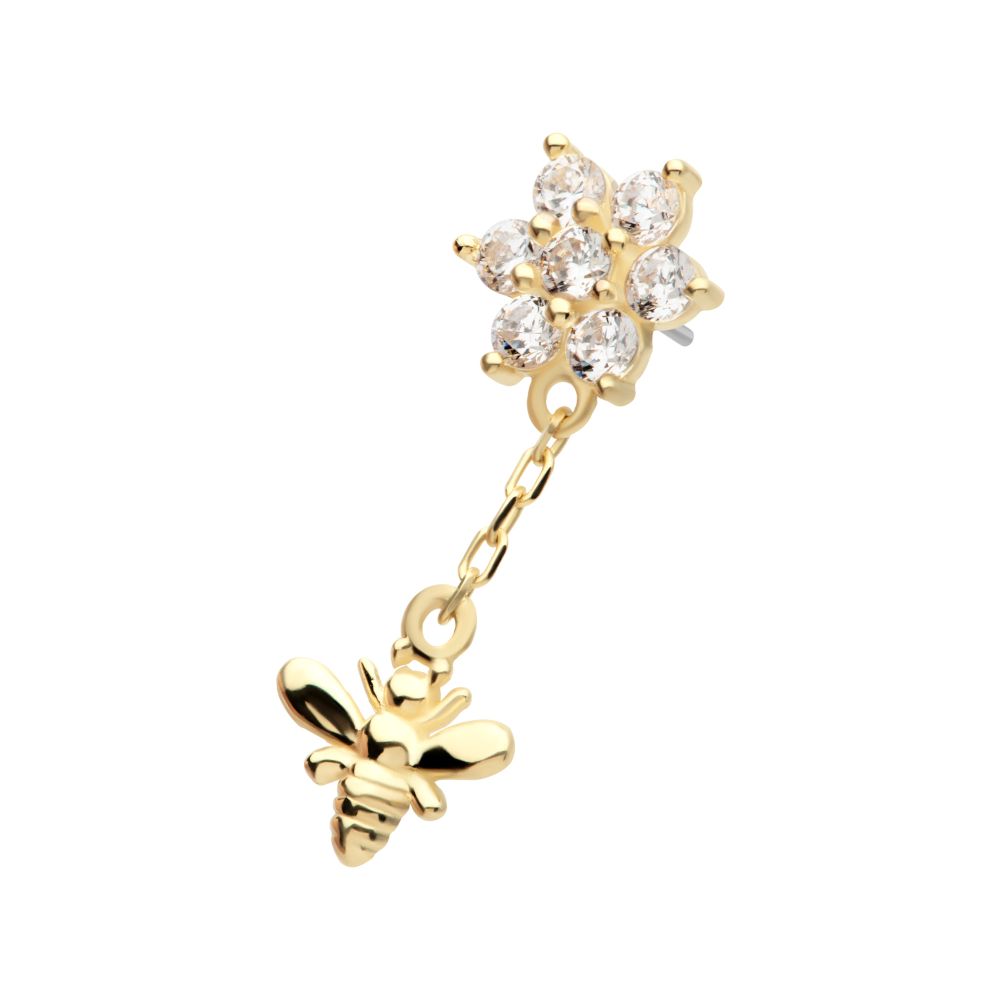 14Kt Yellow Gold Threadless Prong Set Round CZ Flower Top with Dangle Bee