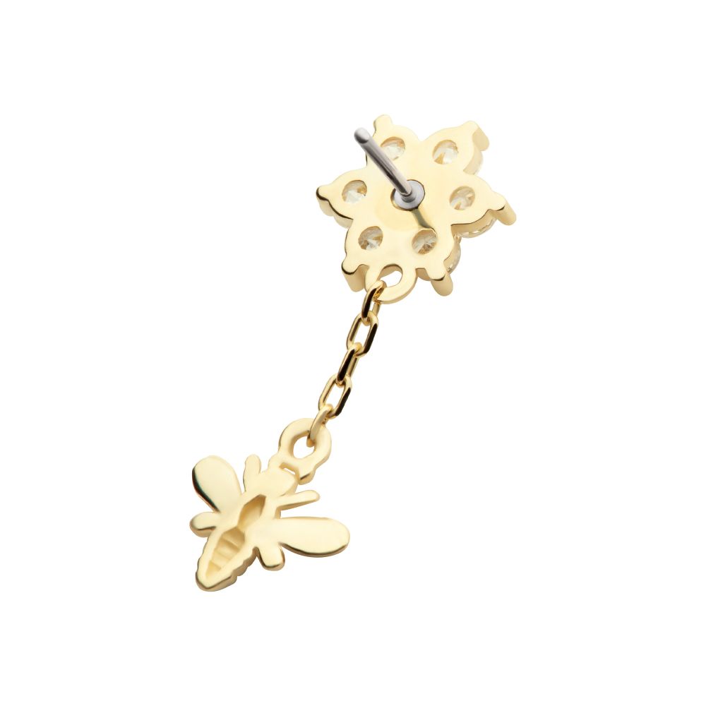 14Kt Yellow Gold Threadless Prong Set Round CZ Flower Top with Dangle Bee