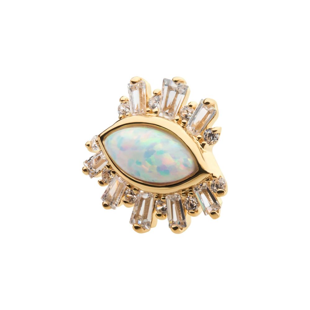 14Kt Yellow Gold Threadless with Marquise White Synthetic Opal, Round & Tapered Baguette Clear CZ Evil Eye Cluster Top