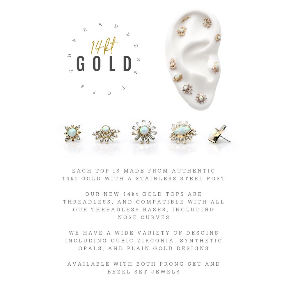 14Kt Yellow Gold Threadless with Marquise White Synthetic Opal, Round & Tapered Baguette Clear CZ Evil Eye Cluster Top
