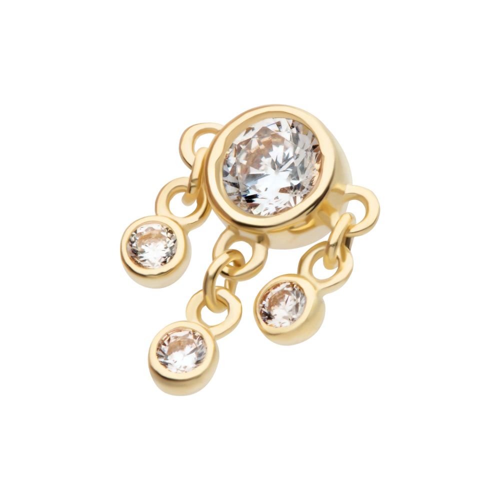 14Kt Yellow Gold Threadless Triple Dangle Bezel Set Round CZ Top