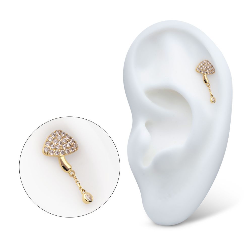 14Kt Yellow Gold Threadless Pave Set Round Gem Mushroom Top with Dangle Gem