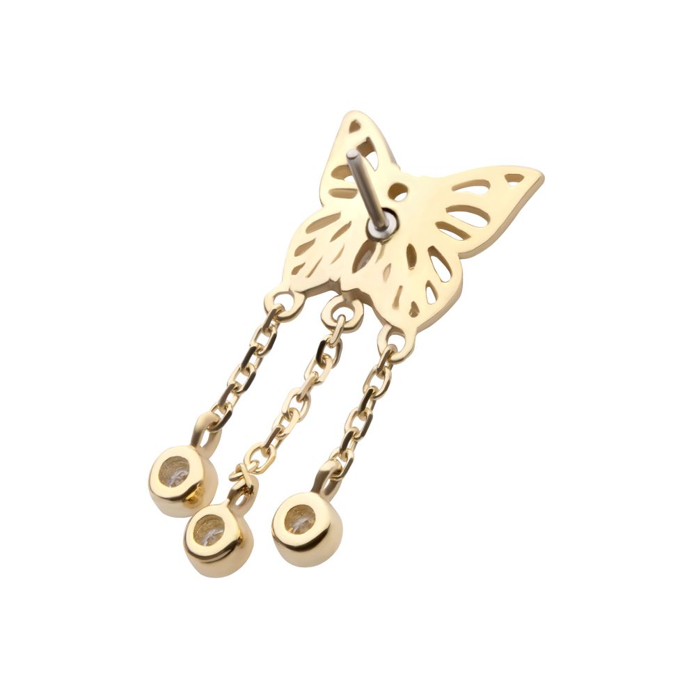 14Kt Yellow Gold Threadless Prong Set Gem Butterfly Top with Triple Dangle Bezel Gem
