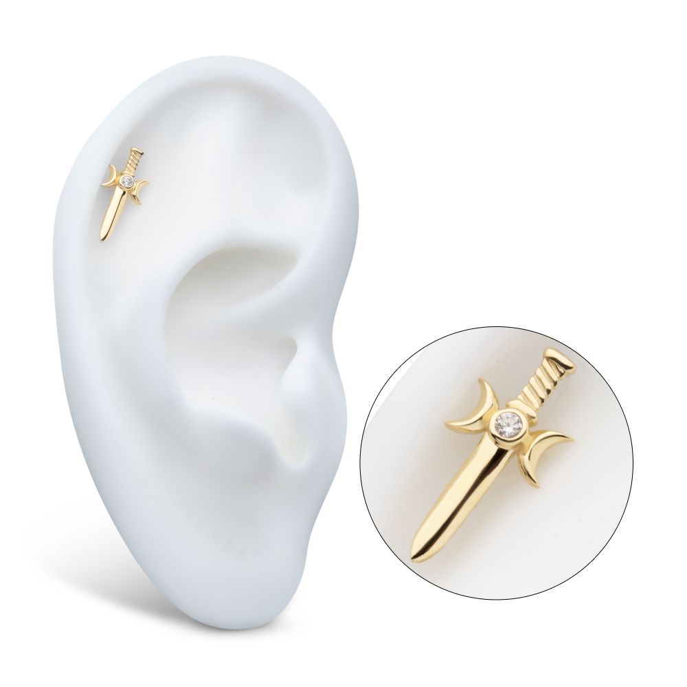 14Kt Yellow Gold Threadless Bezel Set Round CZ Triple Moon Phase Dagger Top