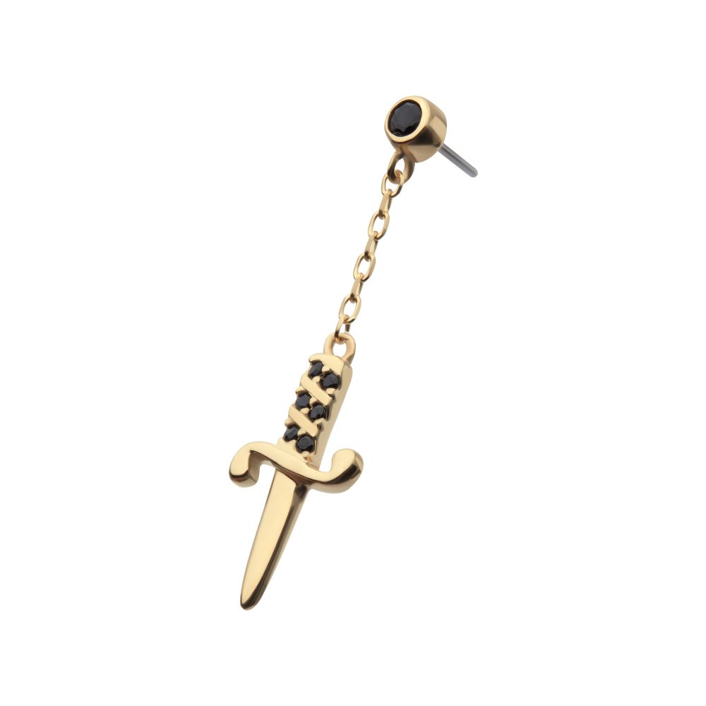 14Kt Yellow Gold Threadless Bezel Set Black Round Gem Dangle Dagger Top