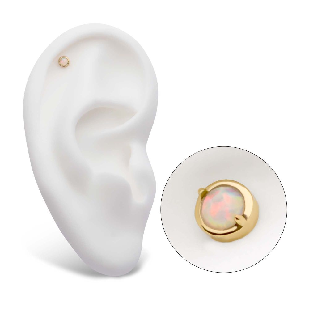 14Kt Yellow Gold Threadless with 2-Prong Set White Opal Round Top