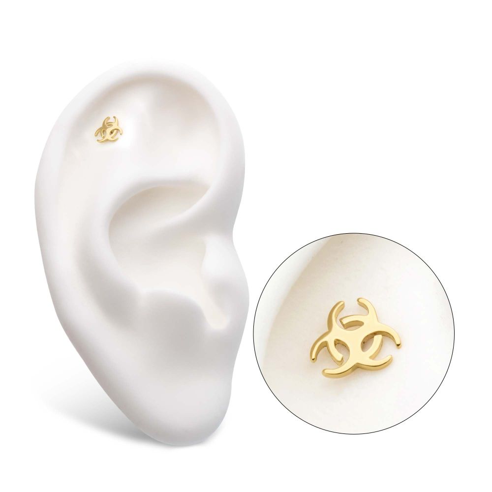 14Kt Yellow Gold Threadless with Biohazard Symbol Top