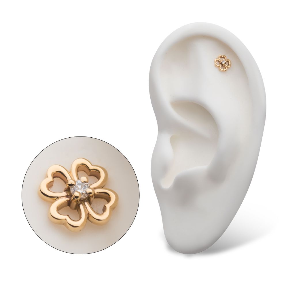 14Kt Gold Threadless with Prong Set Clear CZ 4-Leaf Clover Top