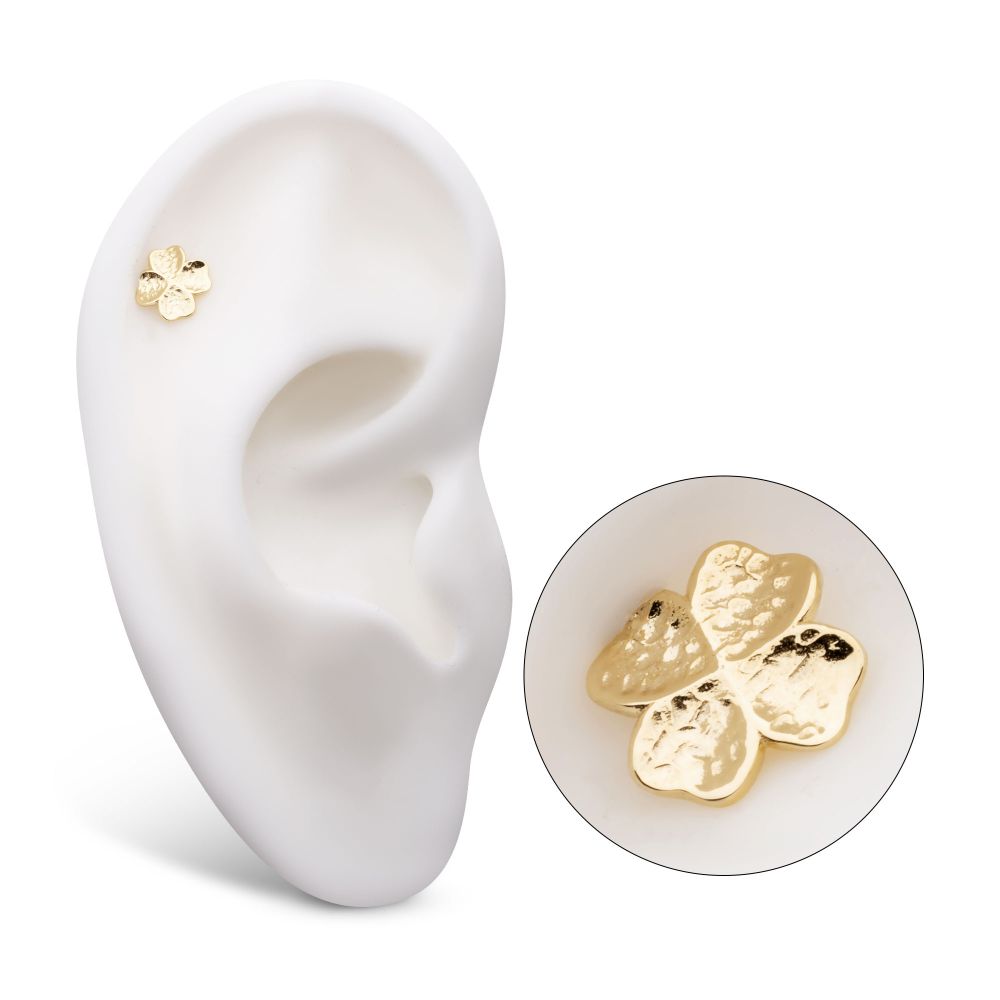14Kt Yellow Gold Threadless Hammered Clover Top
