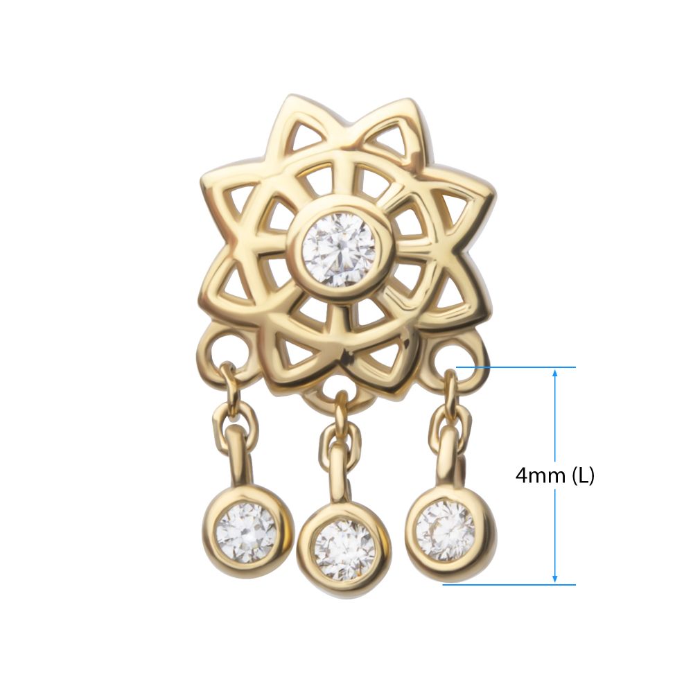 14Kt Yellow Gold Threadless Mandala Flower Top with Triple Bezel Set Gem Dangle