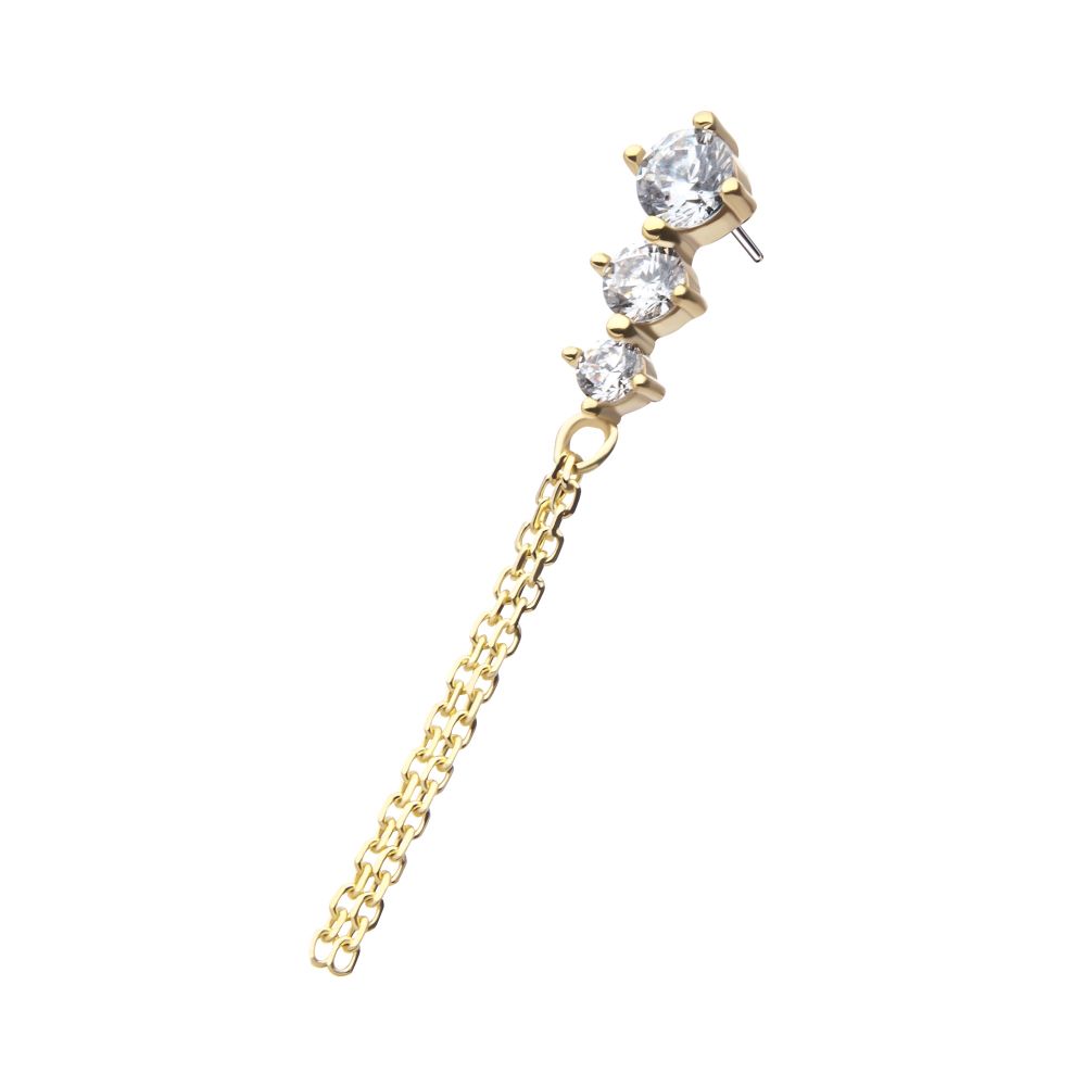 14Kt Yellow Gold Threadless 3-Graduated Round Gem with 2-Chain Dangle Top