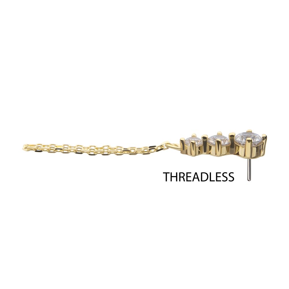 14Kt Yellow Gold Threadless 3-Graduated Round Gem with 2-Chain Dangle Top