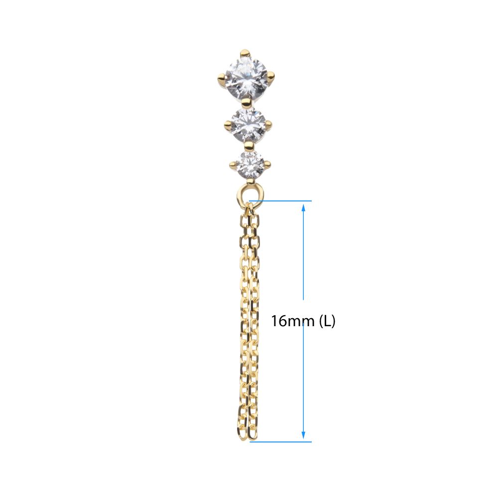 14Kt Yellow Gold Threadless 3-Graduated Round Gem with 2-Chain Dangle Top
