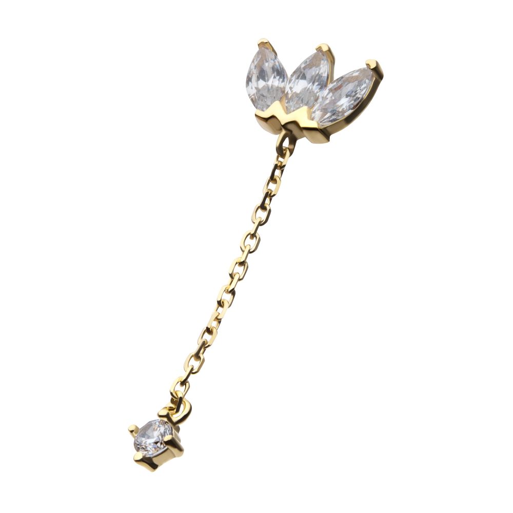 14Kt Yellow Gold Threadless Fan Shape Triple Marquise Gem Top with CZ Chain Dangle