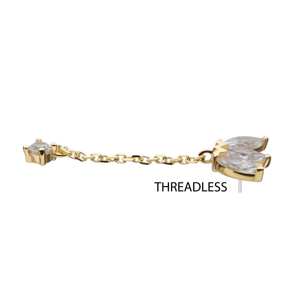 14Kt Yellow Gold Threadless Fan Shape Triple Marquise Gem Top with CZ Chain Dangle