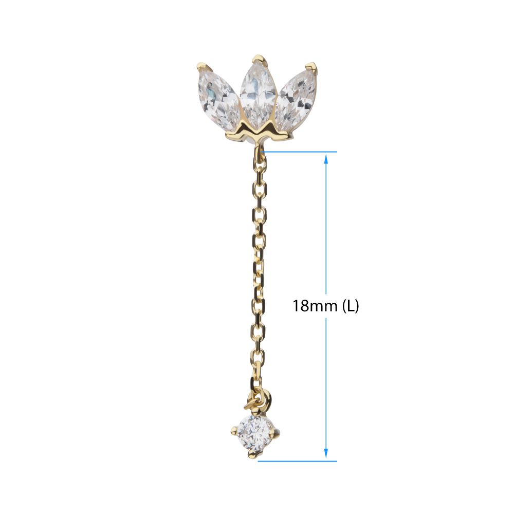 14Kt Yellow Gold Threadless Fan Shape Triple Marquise Gem Top with CZ Chain Dangle