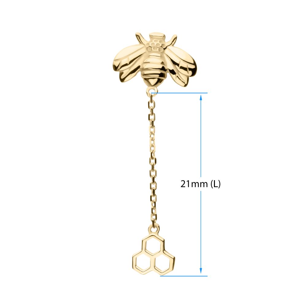 14kt Yellow Gold Threadless Honeycomb Top with Bee Chain Dangle