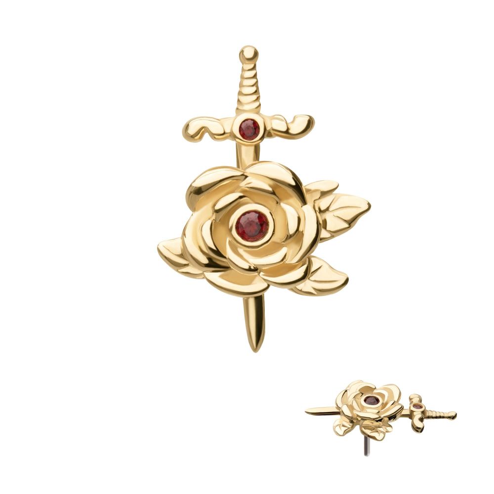 14Kt Yellow Gold Threadless Bezel Garnet Round Gem Rose and Dagger Top