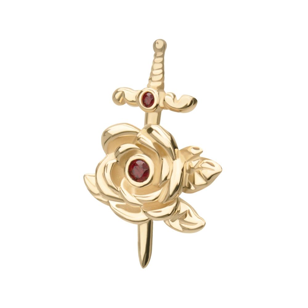 14Kt Yellow Gold Threadless Bezel Garnet Round Gem Rose and Dagger Top