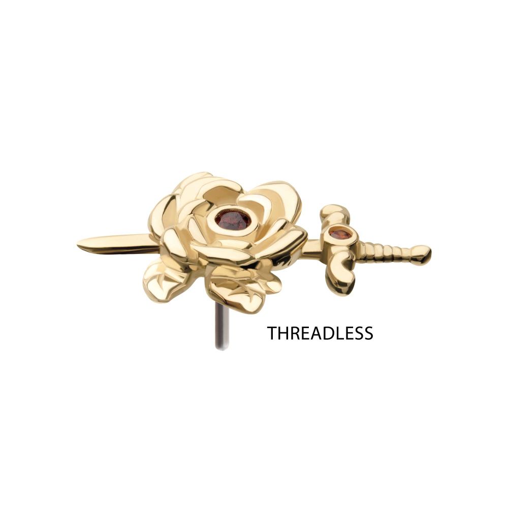14Kt Yellow Gold Threadless Bezel Garnet Round Gem Rose and Dagger Top