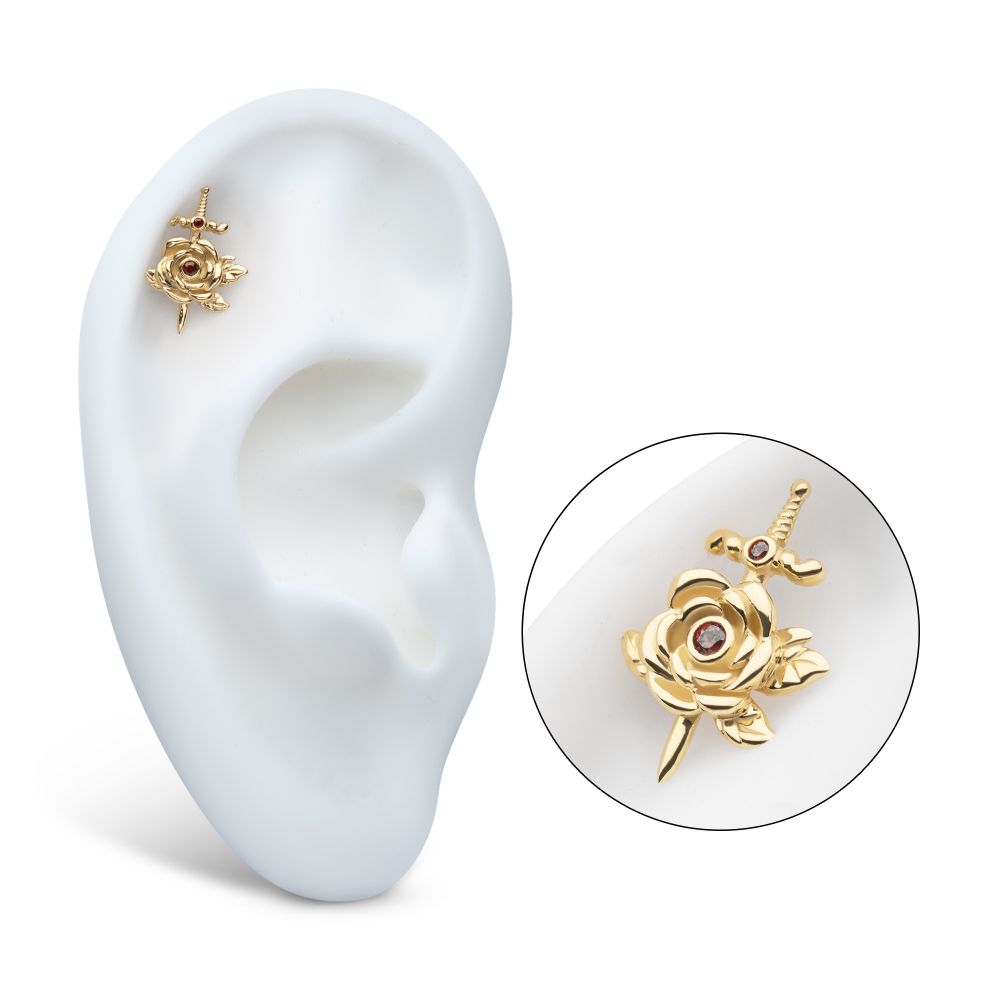 14Kt Yellow Gold Threadless Bezel Garnet Round Gem Rose and Dagger Top