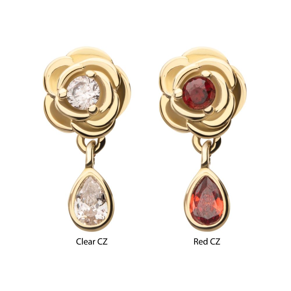14Kt Yellow Gold Threadless Prong Set Round Gem Rose Flower Top with Teardrop Dangle