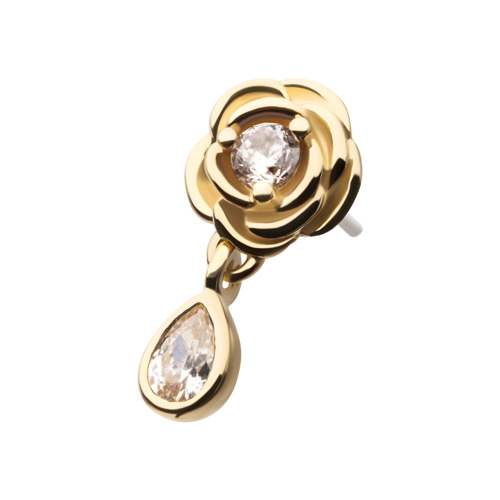 14Kt Yellow Gold Threadless Prong Set Round Gem Rose Flower Top with Teardrop Dangle