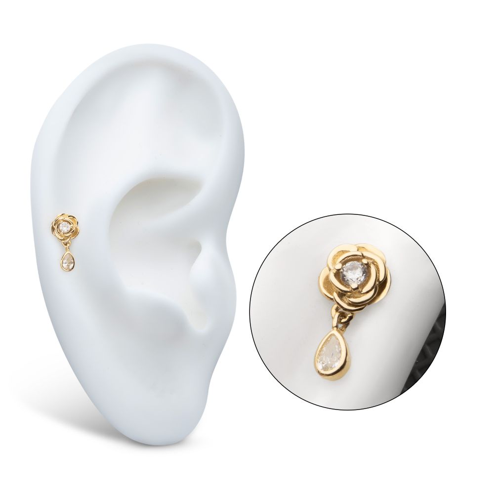 14Kt Yellow Gold Threadless Prong Set Round Gem Rose Flower Top with Teardrop Dangle