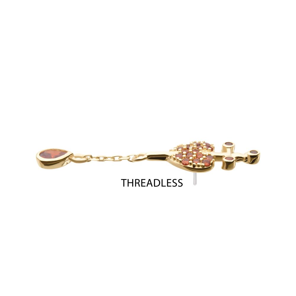 14Kt Yellow Gold Threadless Dagger Heart Top with Pave Garnet Gem & Teardrop Chain Dangle
