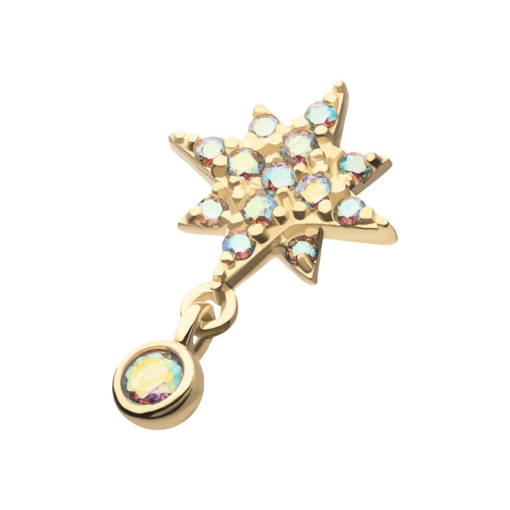 14Kt Yellow Gold Threadless Prong Set Round Opal & Gem Crescent Moon Top with Star Dangle