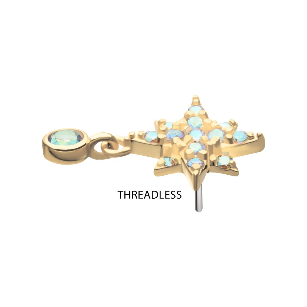14Kt Yellow Gold Threadless Prong Set Round Opal & Gem Crescent Moon Top with Star Dangle