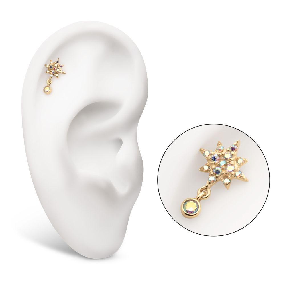 14Kt Yellow Gold Threadless Pave Round Gem Cloud Top with Bezel Pear Trio Dangle