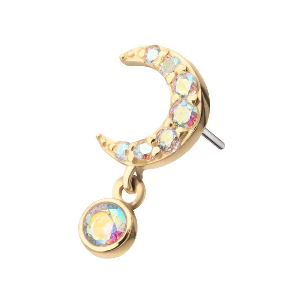 14Kt Yellow Gold Threadless Pave Set Gem Crescent Moon Top with Bezel Round Dangle