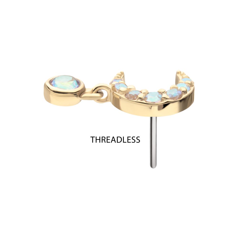 14Kt Yellow Gold Threadless Pave Set Gem Crescent Moon Top with Bezel Round Dangle
