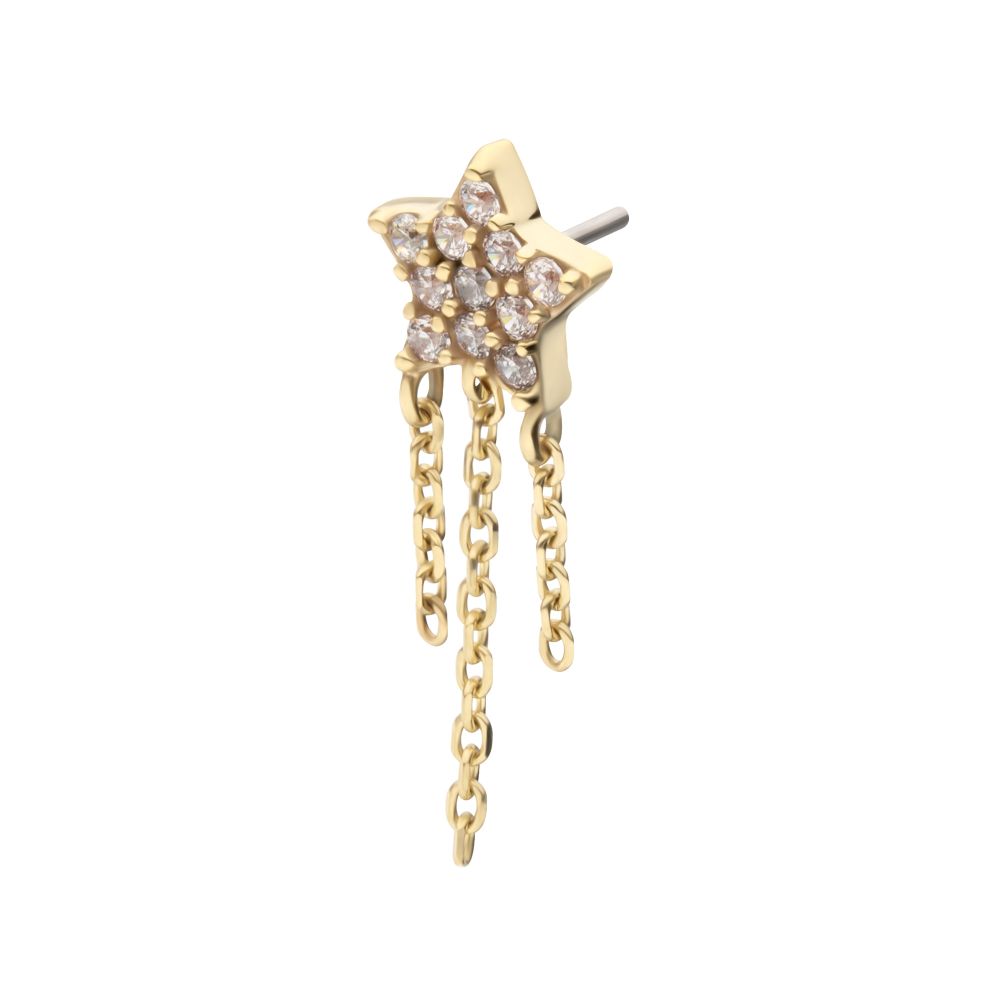 14Kt Yellow Gold Threadless Pave Gem Star Top with Triple Chain Dangle