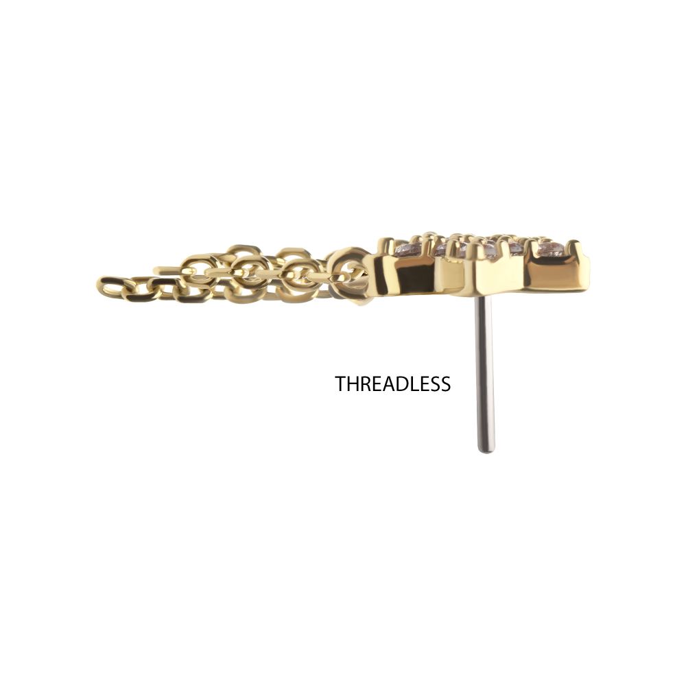 14Kt Yellow Gold Threadless Pave Gem Star Top with Triple Chain Dangle
